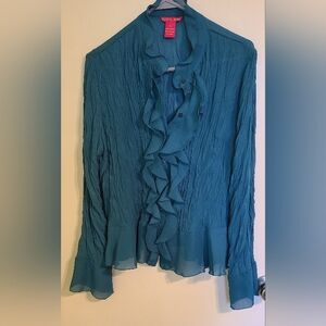 Vintage Sunny Leigh Top Size XL Teal Blue Crinkle Ruffle Button